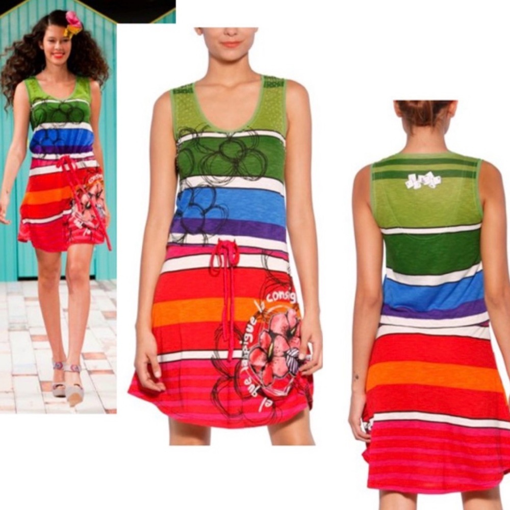 Desigual bright whimsical striped cotton mini dress sleeveless S